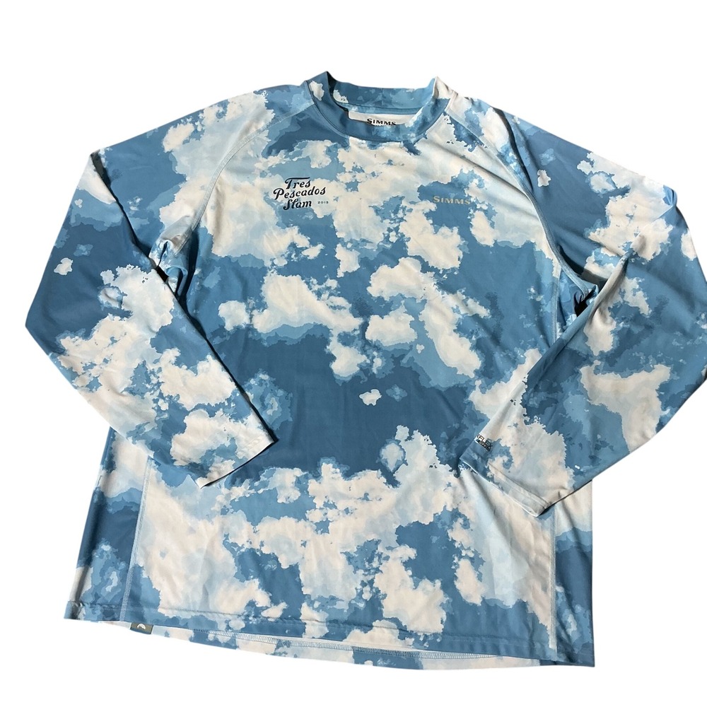 Simms SolarFlex Fishing Shirt Mens XL Blue Cloud Camo UPF 50 Tres Pescados Slam